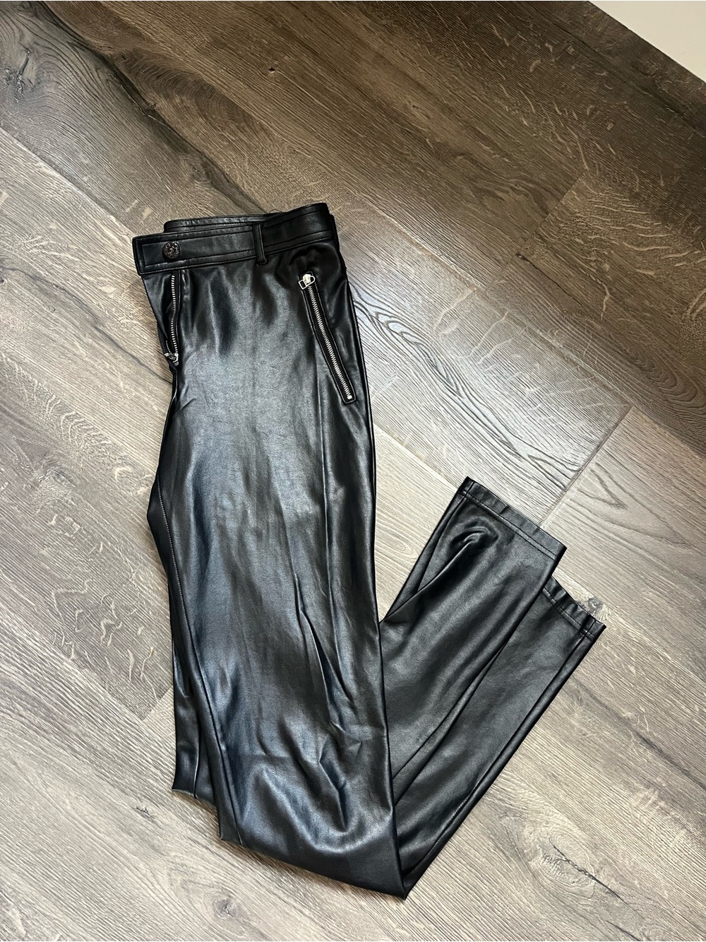 Wilfred Black Faux Leather Straight-Leg Trousers with Zip Pockets